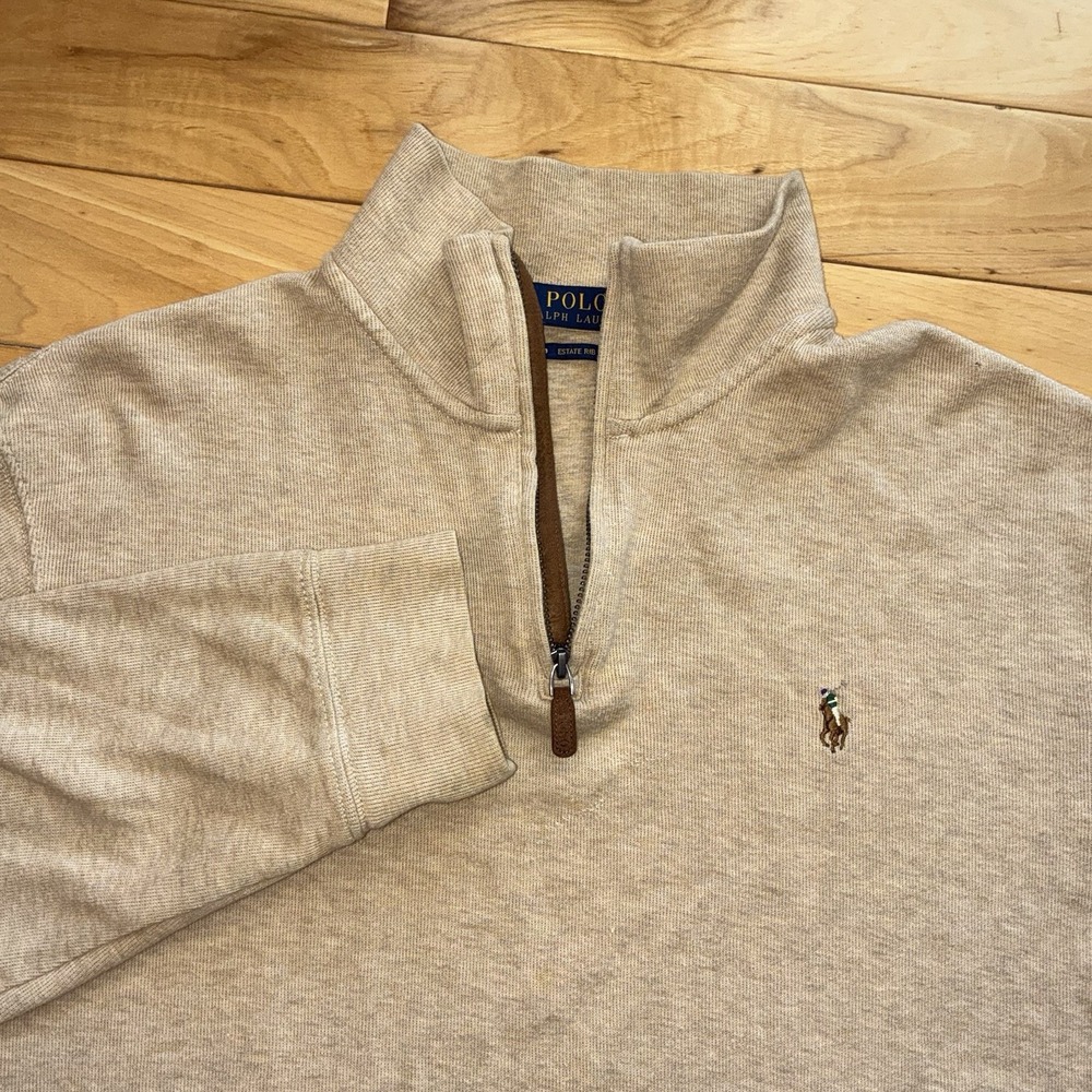 POLO Ralph Lauren Estate Rib 1/4 Zip Sweater Tan Pullover Mens XL Brown Pony